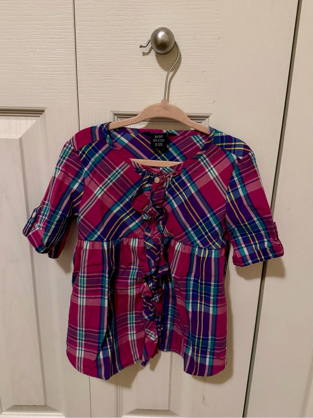 Chaps Girls Pink Plaid Ruffle-Front Blouse
